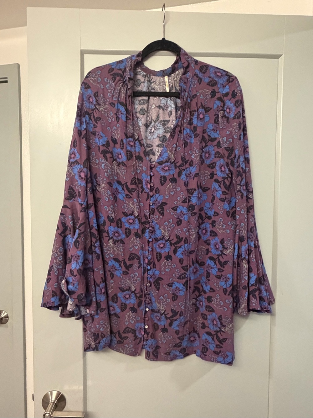 Free People Purple Floral Button-Front Blouse with Blue Flowers